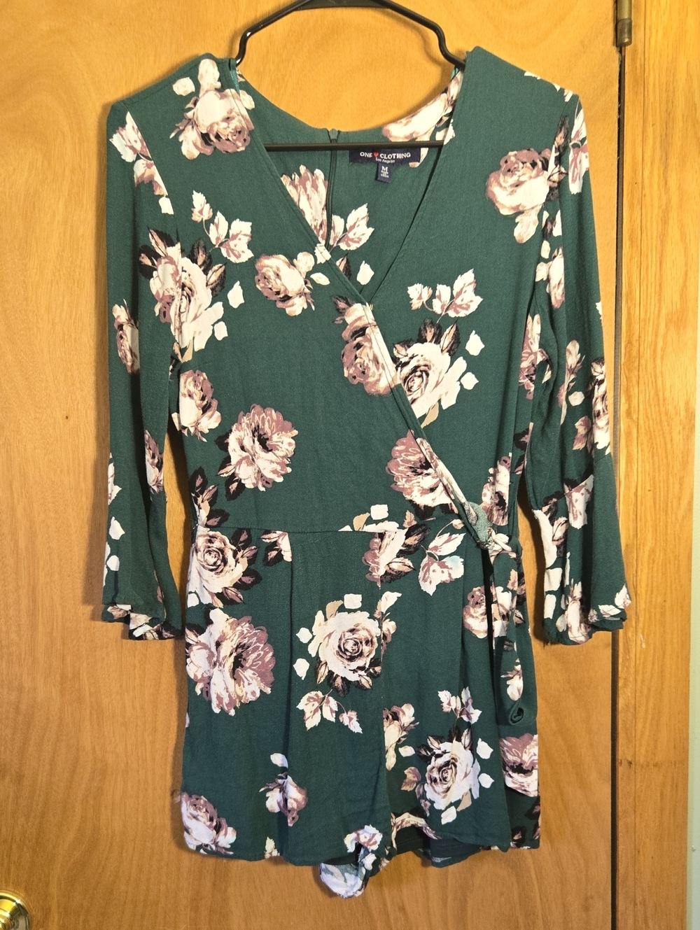 one clothing Teal Floral Wrap Romper with Mauve Rose Print